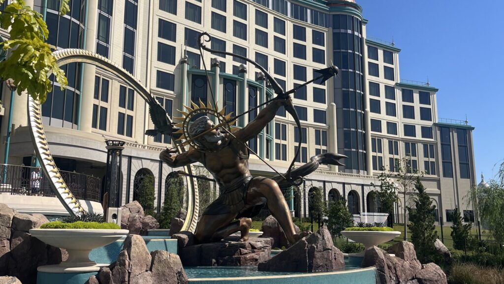 Outside of Helios Grand Hotel from Epic Universe