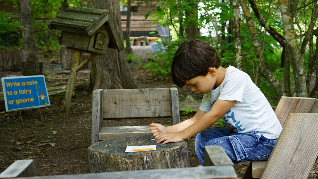 Young boy using a tree stump as a table to write on paper with forest in background