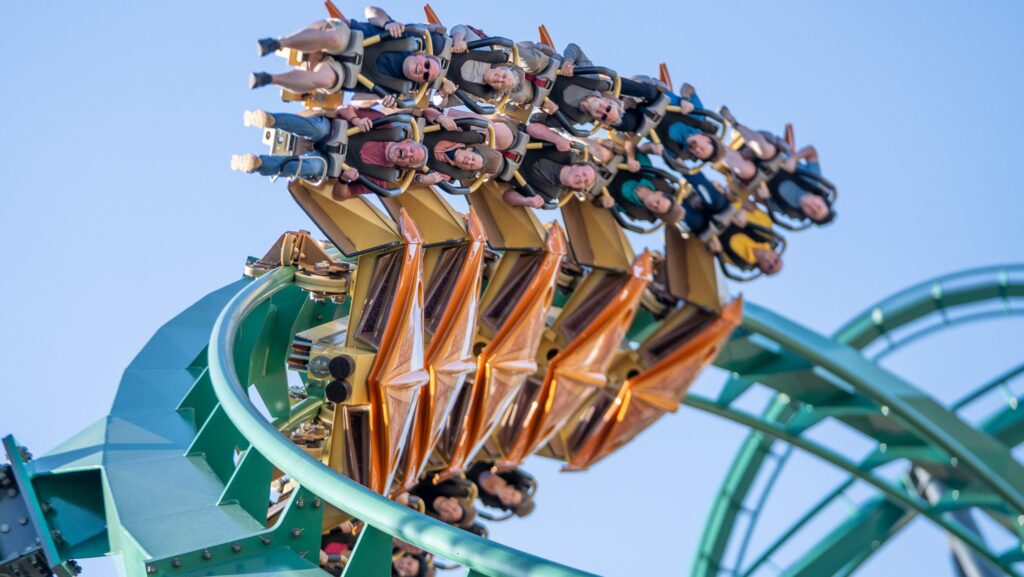 People riding on launched wing roller-coaster Rapterra at Kings Dominion