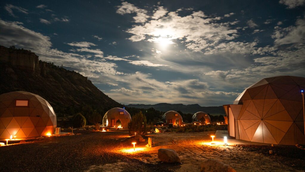 Glass domes clustered around a campfire at Clear Sky Resorts Bryce Canyon