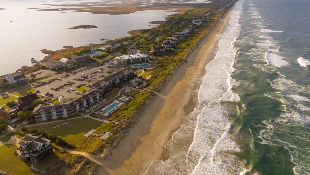 An aerial view of The Sanderling Resort and its beach in the Outer Banks