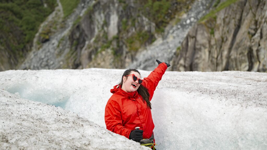 Megan in a crevasse of a glacier