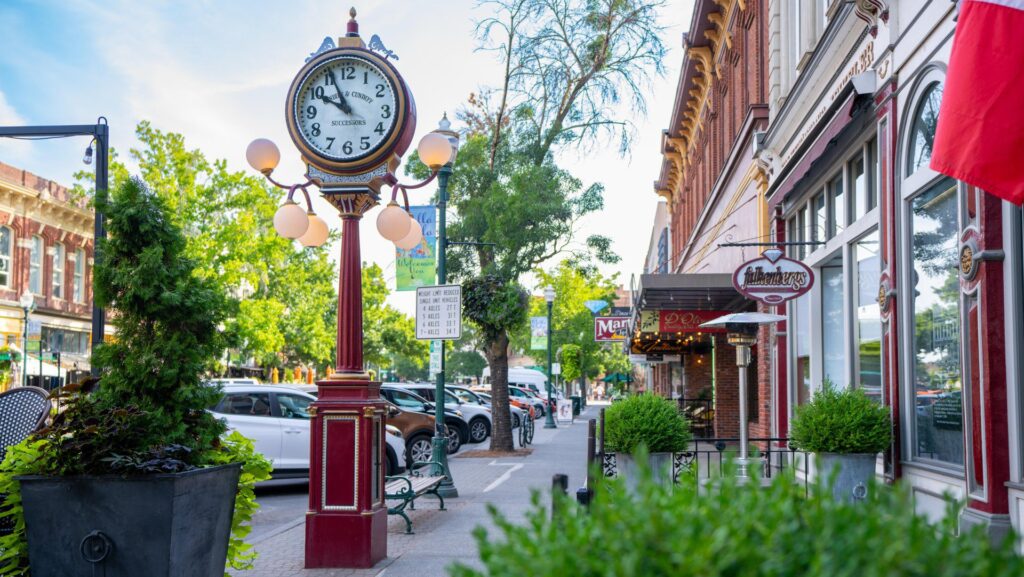 A historic-looking clock amid the shops, restaurants, and tasting rooms in downtown Walla Walla