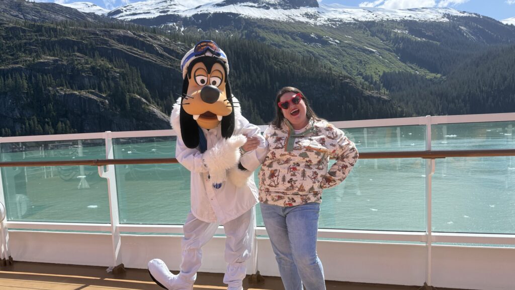 Megan and Goofy on glacier viewing day in Alaska