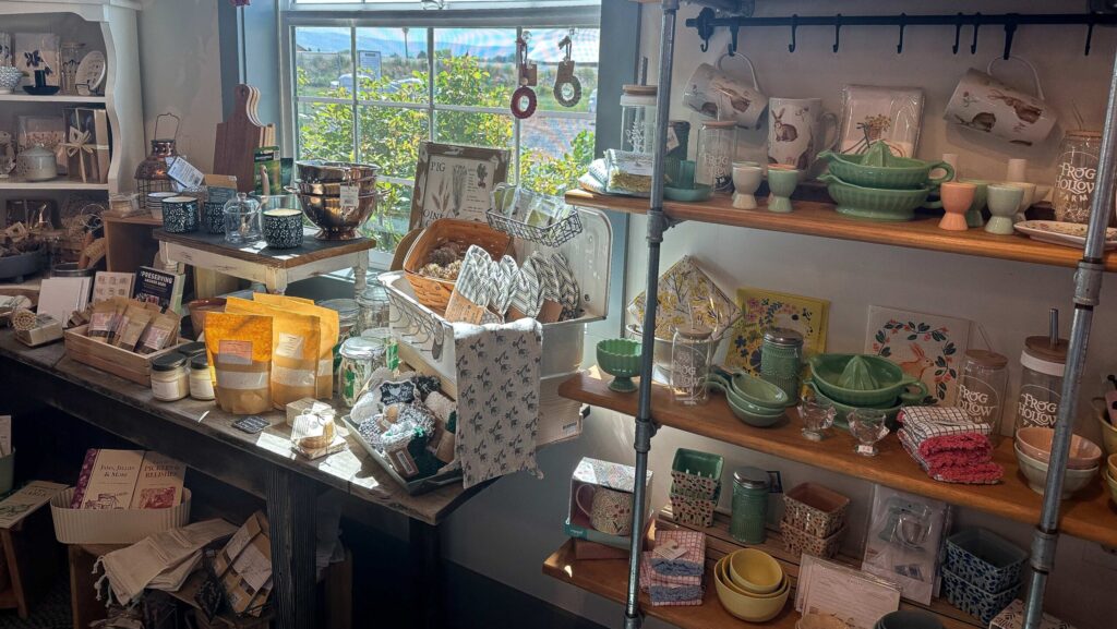 Shelves with dishes, plates, and other merchandise in front of a window at Frog Hollow Farm