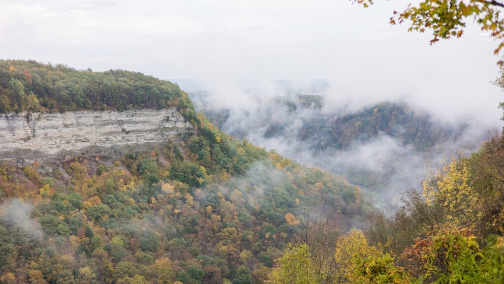 Mist over the cliffs during the fall at Letchworth State Park