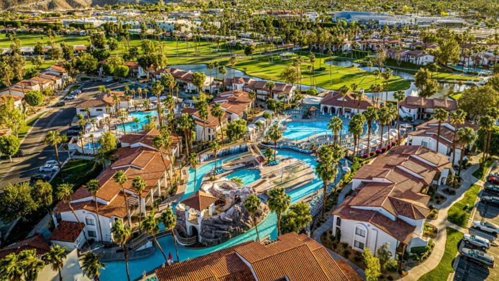 Aerial view of the pool and water park area at Omni Rancho Las Palmas Resort & Spa in Palm Springs