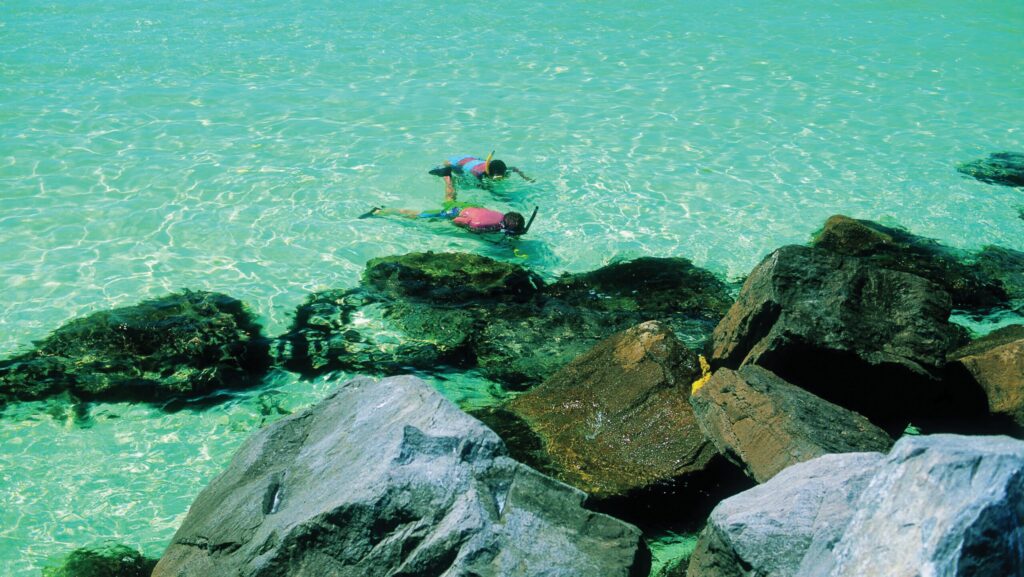 Two snorkelers in turquoise water by a rock jetty at St. Andrews State Park