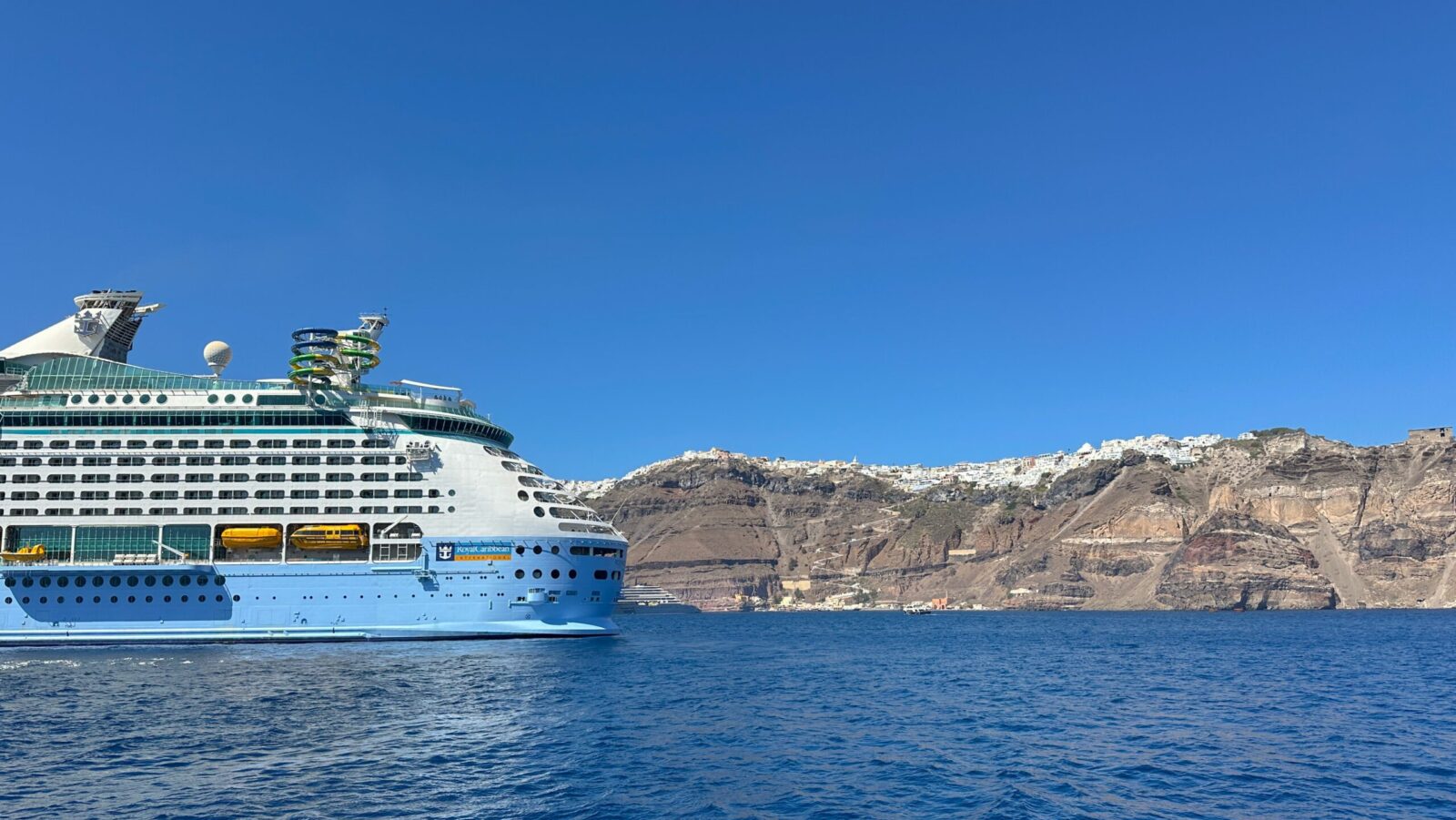 Royal Caribbean's Voyager of the Seas off the island of Santorini in Greece
