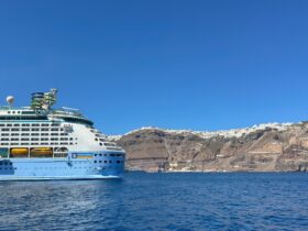 Royal Caribbean's Voyager of the Seas off the island of Santorini in Greece