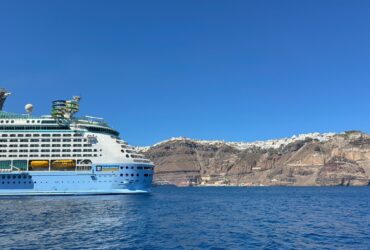 Royal Caribbean's Voyager of the Seas off the island of Santorini in Greece