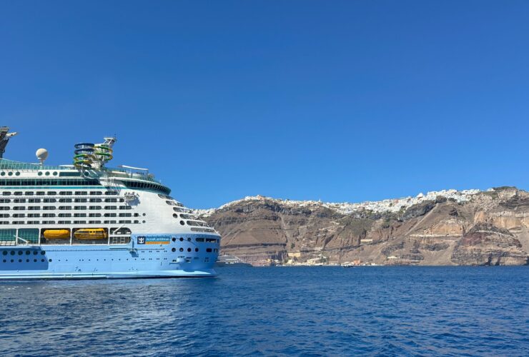 Royal Caribbean's Voyager of the Seas off the island of Santorini in Greece