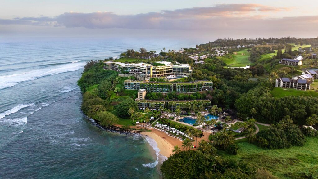 An aerial view of 1 Hotel Hanalei Bay on Kauai's North Shore