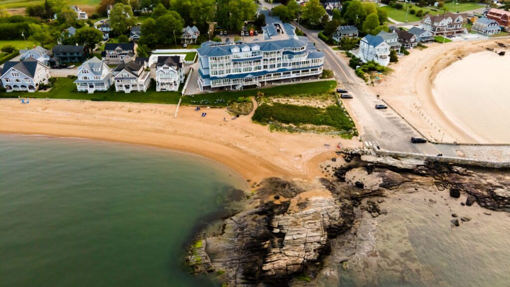 An aerial view of Madison Beach Hotel and its beach area