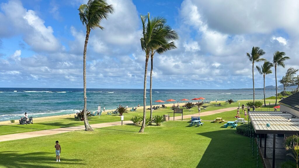 Kids playing on a grassy lawn by the beach and bike path at Sheraton Kaua'i Coconut Beach Resort