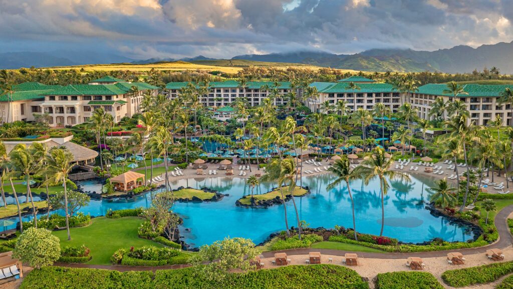 An aerial image of the lagoon pool and buildings at Grand Hyatt Kauaʻi Resort & Spa