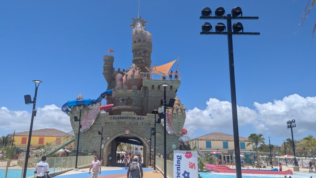 Celebration Key’s two water slides are located in the port’s signature structure, a tower designed to look like a giant sandcastle (Photo: Erica Silverstein)