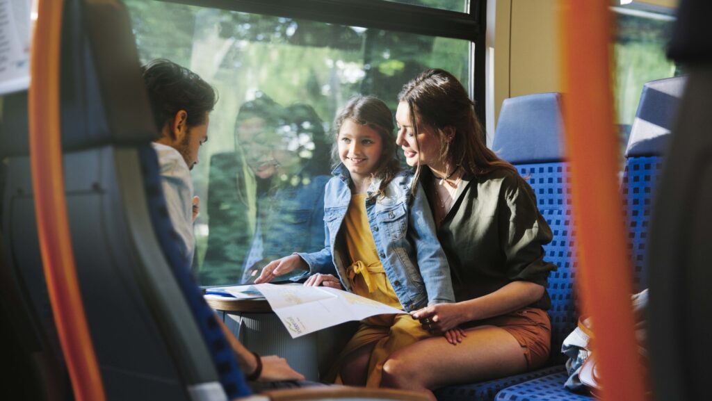 family using Eurail pass on train sitting around a table