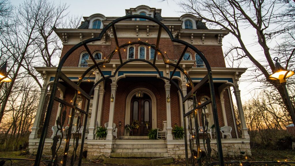A view of McPike Mansion in Alton, IL, at twilight