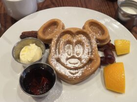 Mickey-shaped waffle on a plate