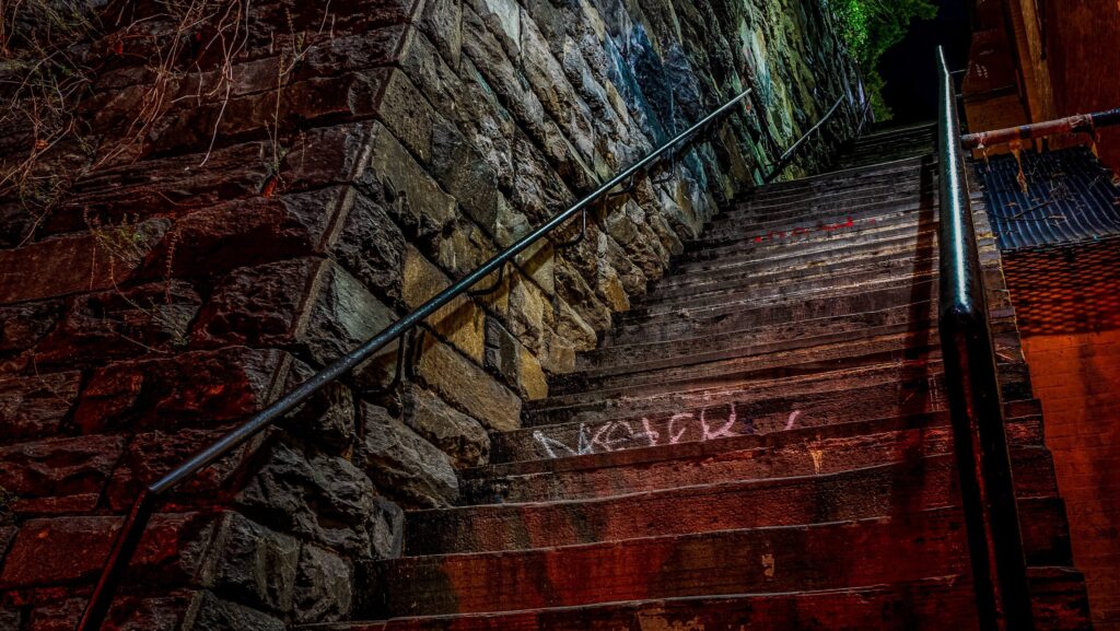 A nighttime view up "The Exorcist Steps" in Georgetown in Washington, DC