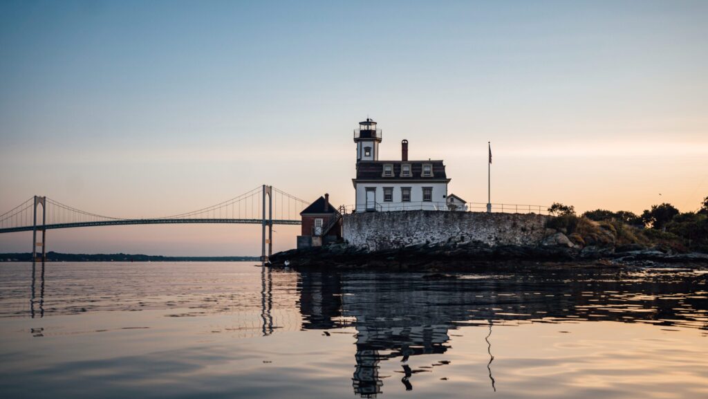 A view of Newport's Rose Island Lighthouse at dusk