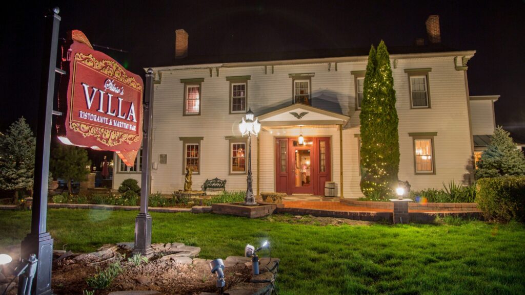 A nighttime view of Silvio's Villa restaurant in Warwick, NY