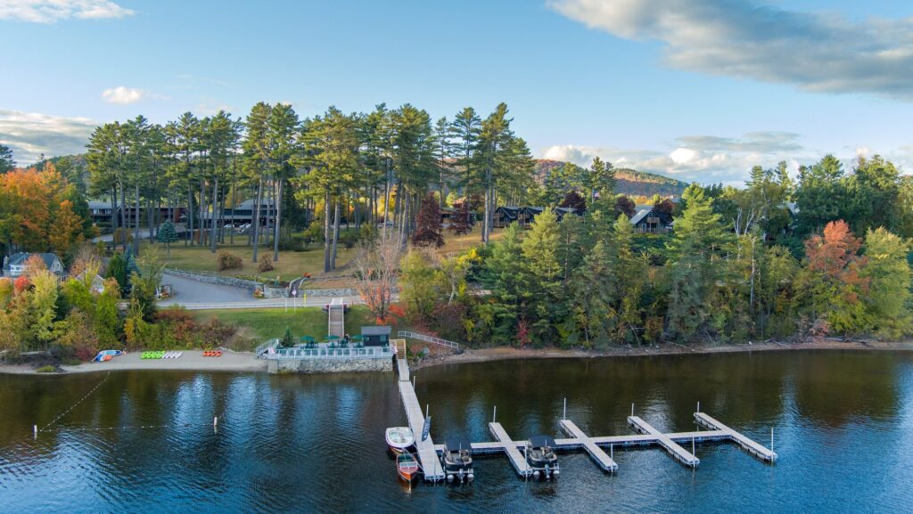 Aerial view of the dock at The Lodge at Schroon Lake