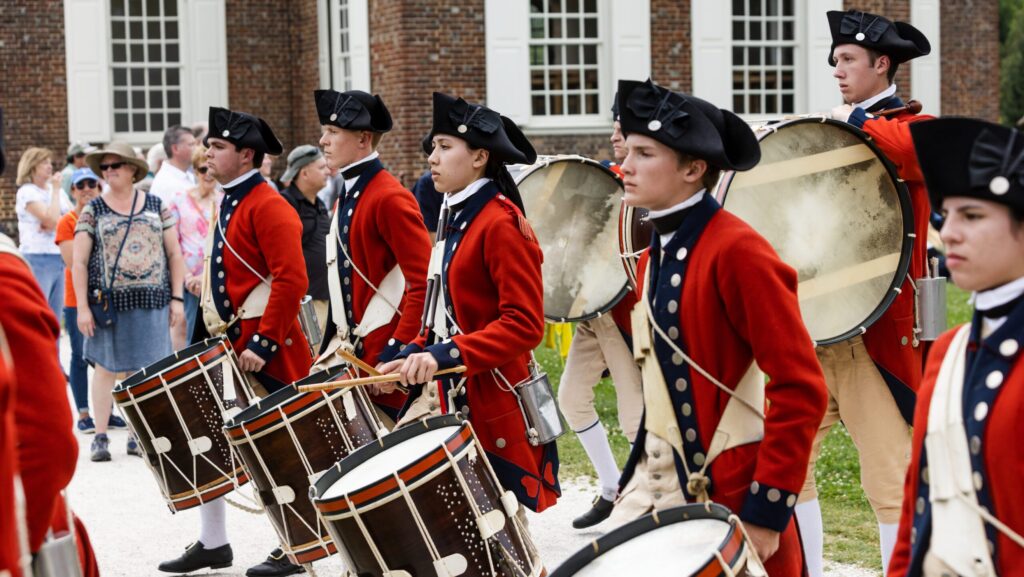 The Colonial Williamsburg Fifes & Drums Senior Corps performing near the Colonial Williamsburg courthouse
