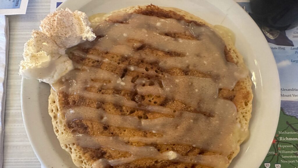 The CinnaSwirl pancake with a cream cheese drizzle at Not Another Pancake House in Williamsburg