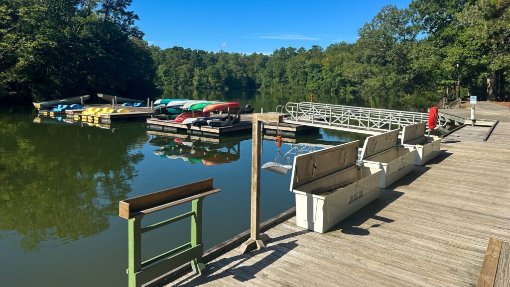 A dock leading to kayaks and pedal boats at Waller Mill Park in Williamsburg, VA