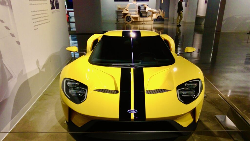 a shiny yellow sportscar at the Petersen Automotive Museum in Los Angeles