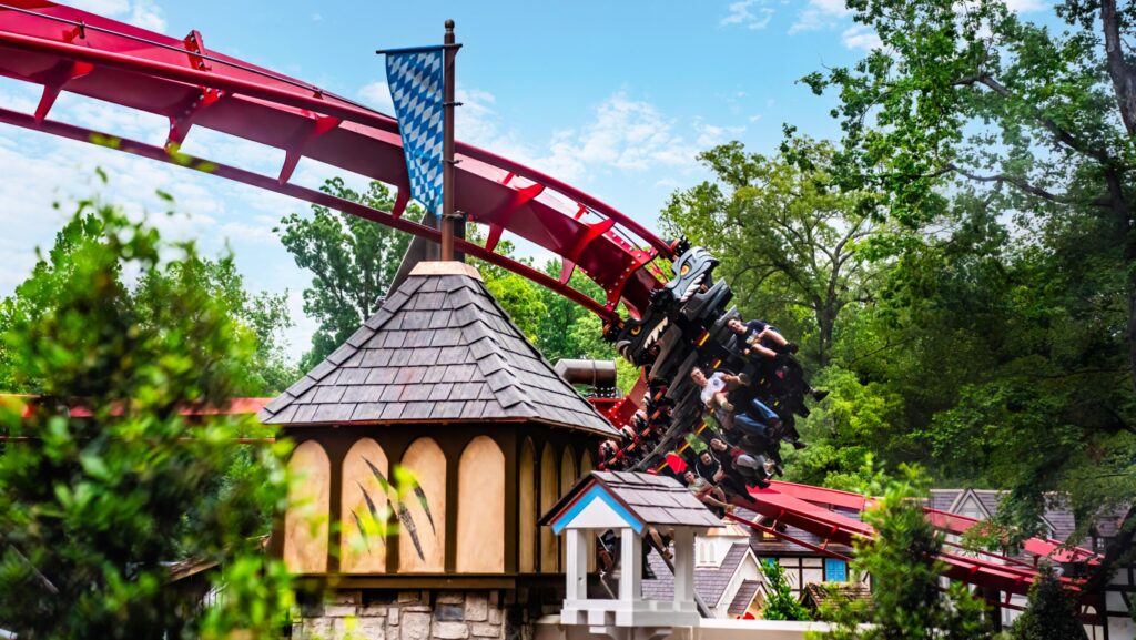 Riders on The Big Bad Wolf roller coaster at Busch Gardens Williamsburg