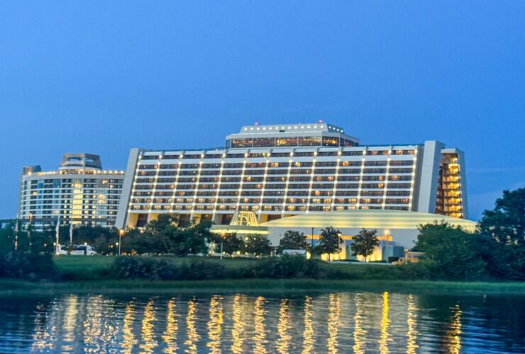Disney's Contemporary Resort seen from Seven Seas Lagoon at twilight