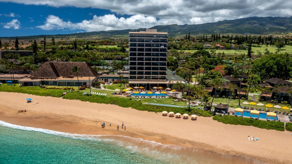An aerial view of the beach and Royal Lahaina Resort & Bungalows