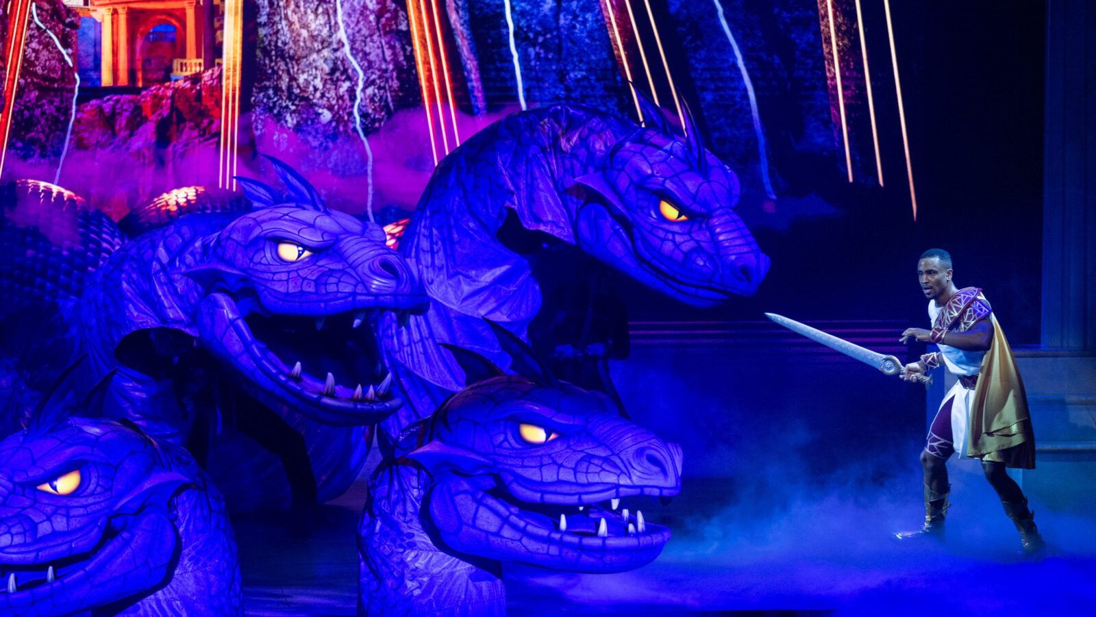 Hercules fighting the hydra during Disney Hercules on Disney Destiny