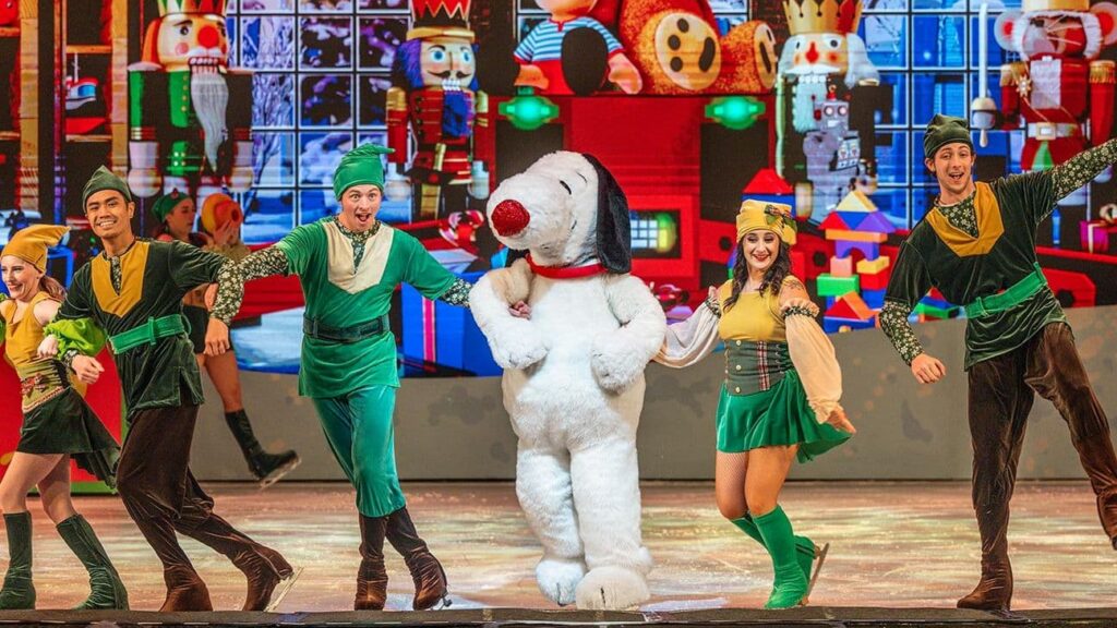 Snoopy dancing in a holiday show at Knott's Berry Farm.
