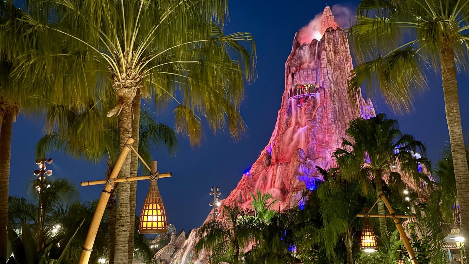 Lit up for night, Krakatau Volcano at Volcano Bay Nights