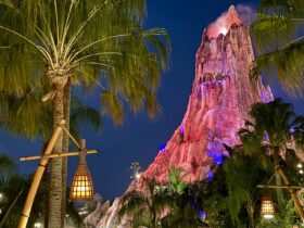 Lit up for night, Krakatau Volcano at Volcano Bay Nights