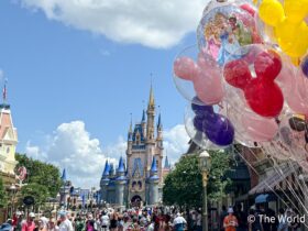 Main Street, U.S.A. with Cinderella Castle in the background at Magic Kingdom, Walt Disney World