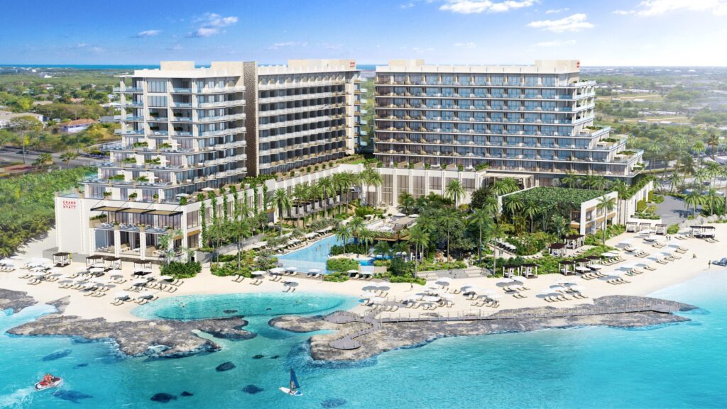A rendering of the buildings, pool, and beach area at the Grand Hyatt Grand Cayman