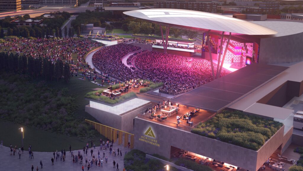 A rendering of the new Acrisure Amphitheater set along the Grand River in Grand Rapids