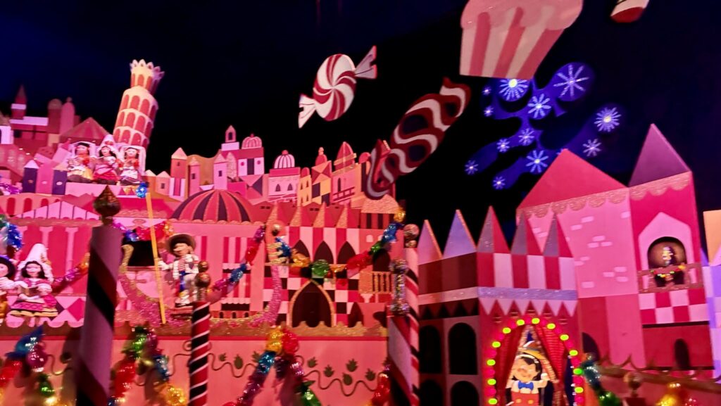 It's a Small World ride decked out for the holidays at Disneyland