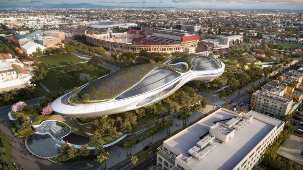 A rendering of the futuristic looking Lucas Museum in Los Angeles