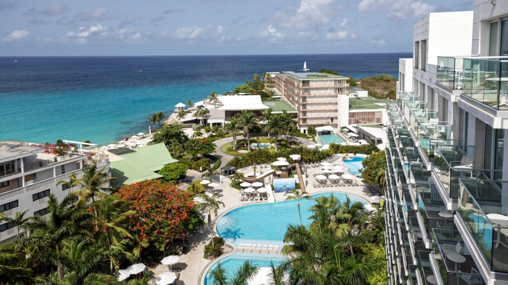 An aerial view of Sonesta Maho Beach Resort