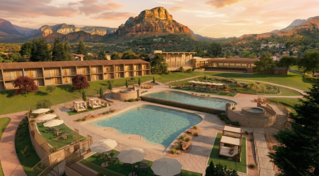A rendering of the pool area at Outbound Sedona