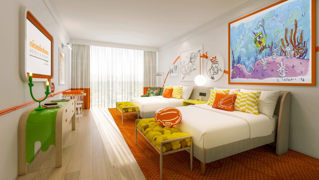 A rendering of a guest room at Nickelodeon Hotels & Resorts Orlando with orange carpet and pillows, a "slime" table, and SpongeBob artwork