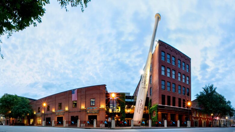 The exterior of the Louisville Slugger Museum & Factory with its giant bat