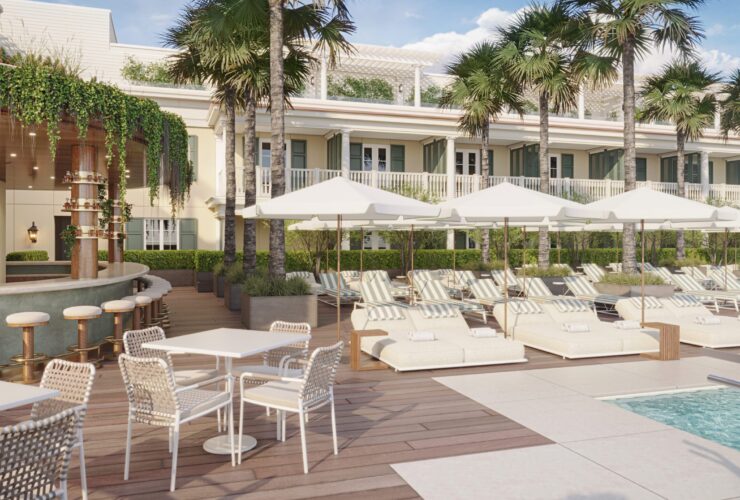 A rendering of the pool area with loungers and umbrellas and an outdoor bar at The Cooper
