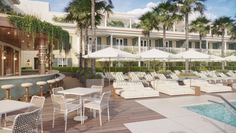 A rendering of the pool area with loungers and umbrellas and an outdoor bar at The Cooper